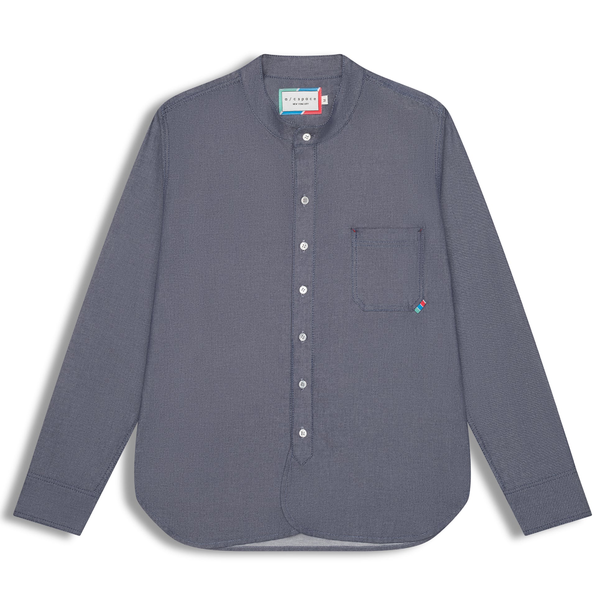 Denim Japanese cotton twill band collar shirt with chest pocket