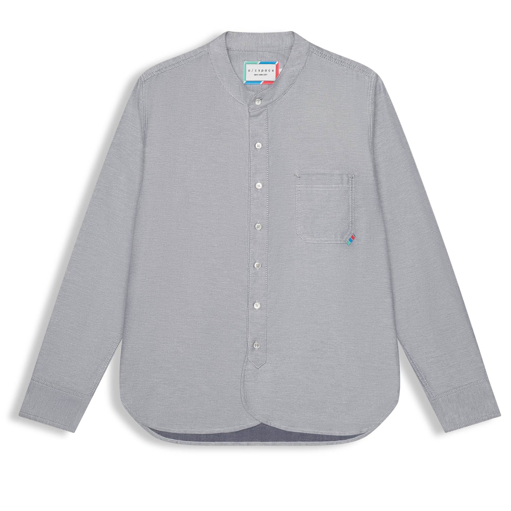 Grey Japanese cotton twill band collar shirt with chest pocket