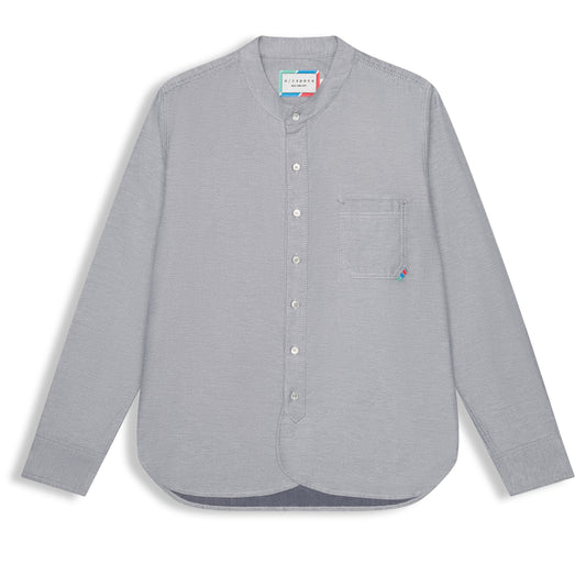 Grey Japanese cotton twill band collar shirt with chest pocket