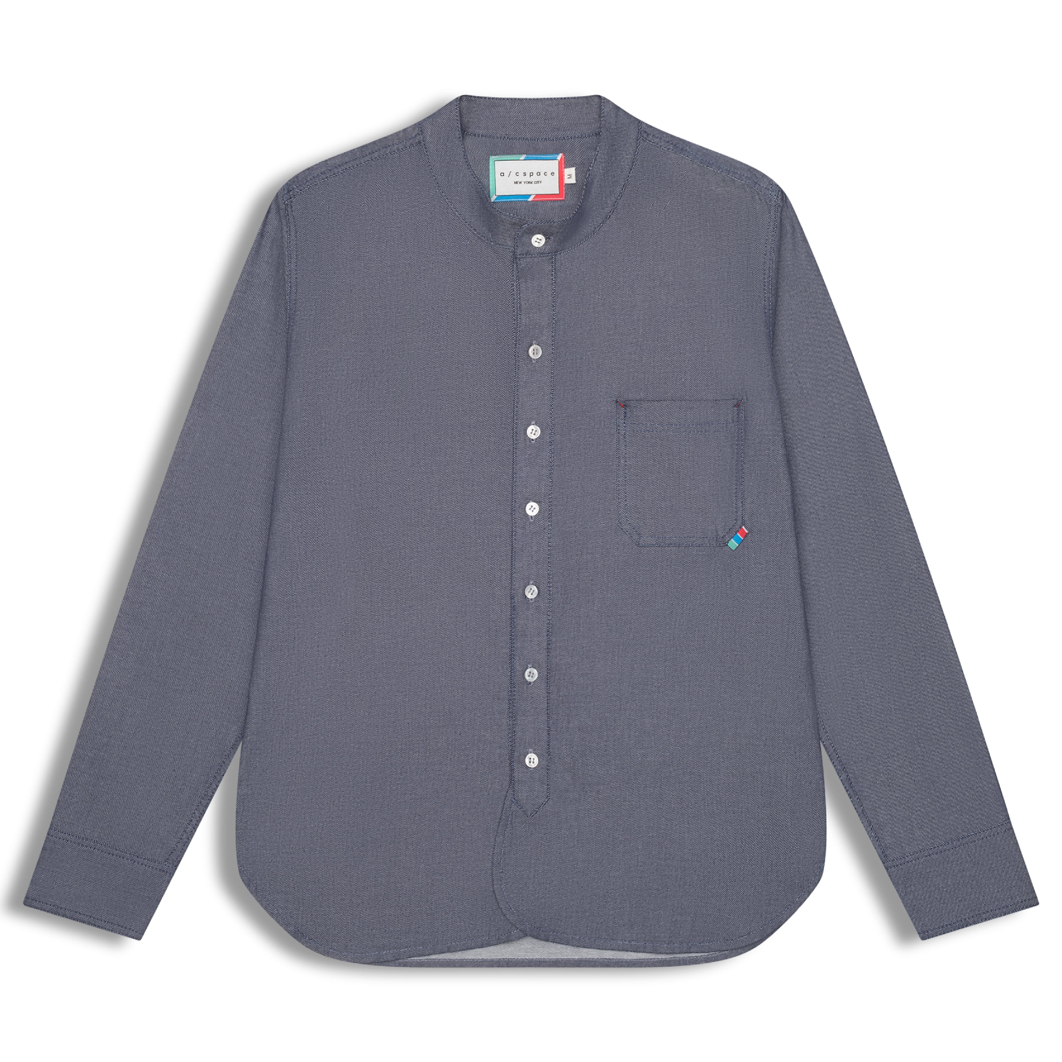 Japanese Cotton Twill Band Collar Shirt - Denim | Premium Menswear