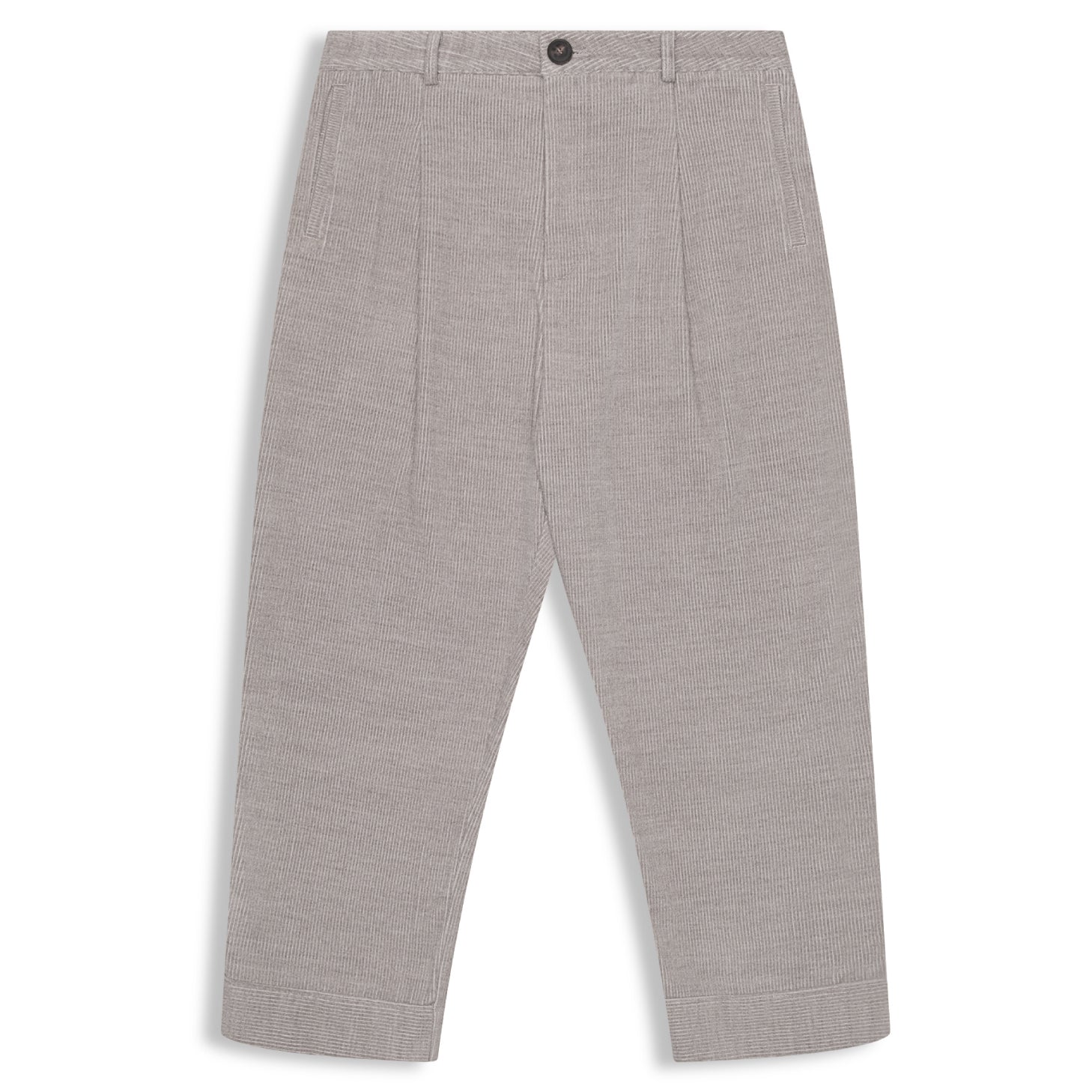 Grey heather cotton wool corduroy pleated pants with relaxed cropped fit