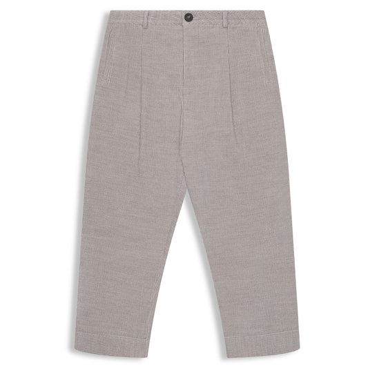 Grey heather cotton wool corduroy pleated pants with relaxed cropped fit