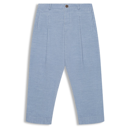 Blue heather cotton wool corduroy pleated pants with relaxed cropped fit