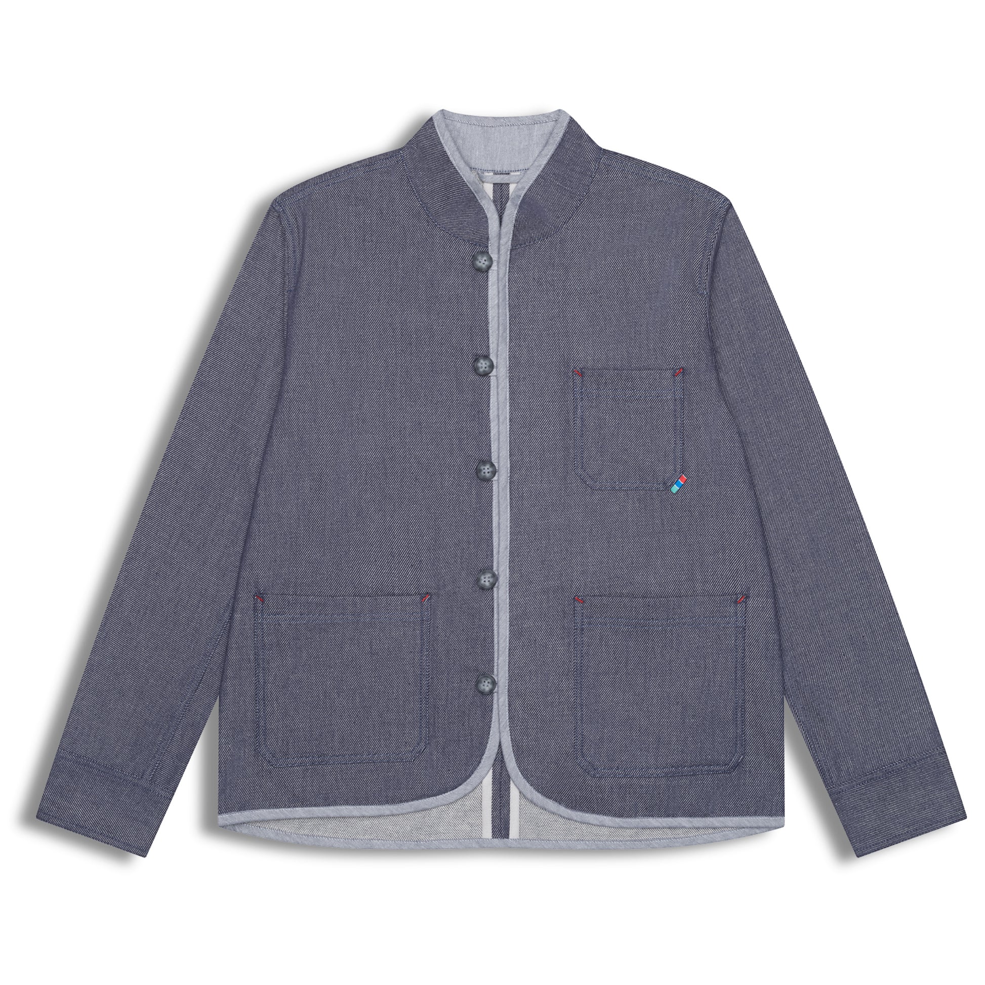 Japanese denim Tang chore jacket with mandarin collar and patch pockets