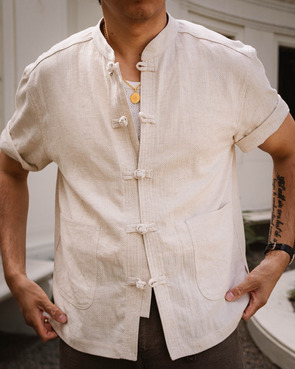 Natural Cotton Linen Tang Shirt with Knot Buttons