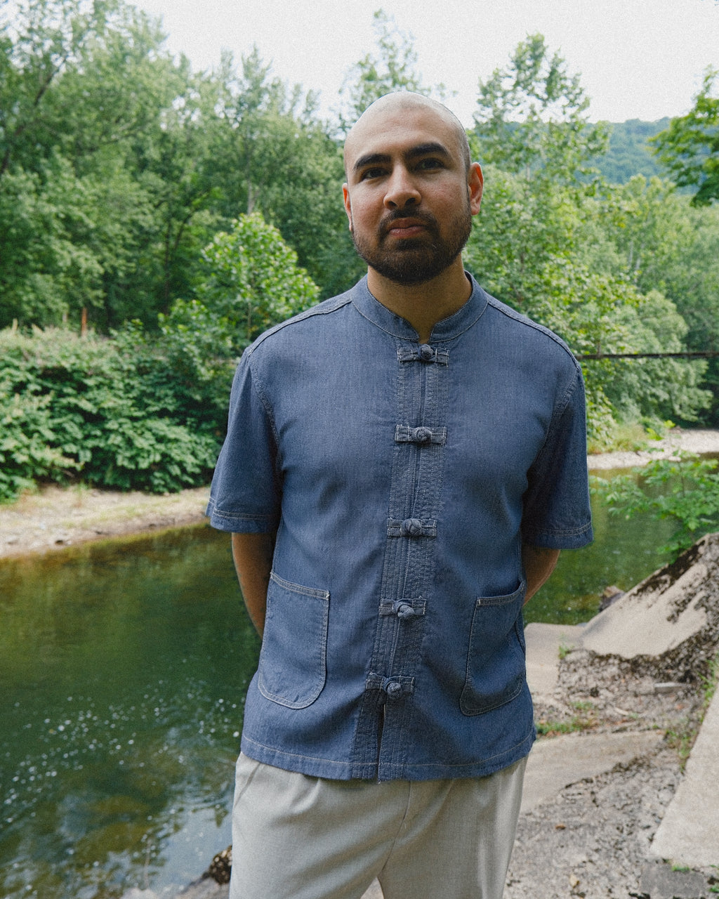 Navy Denim Tang Shirt with Knot Buttons