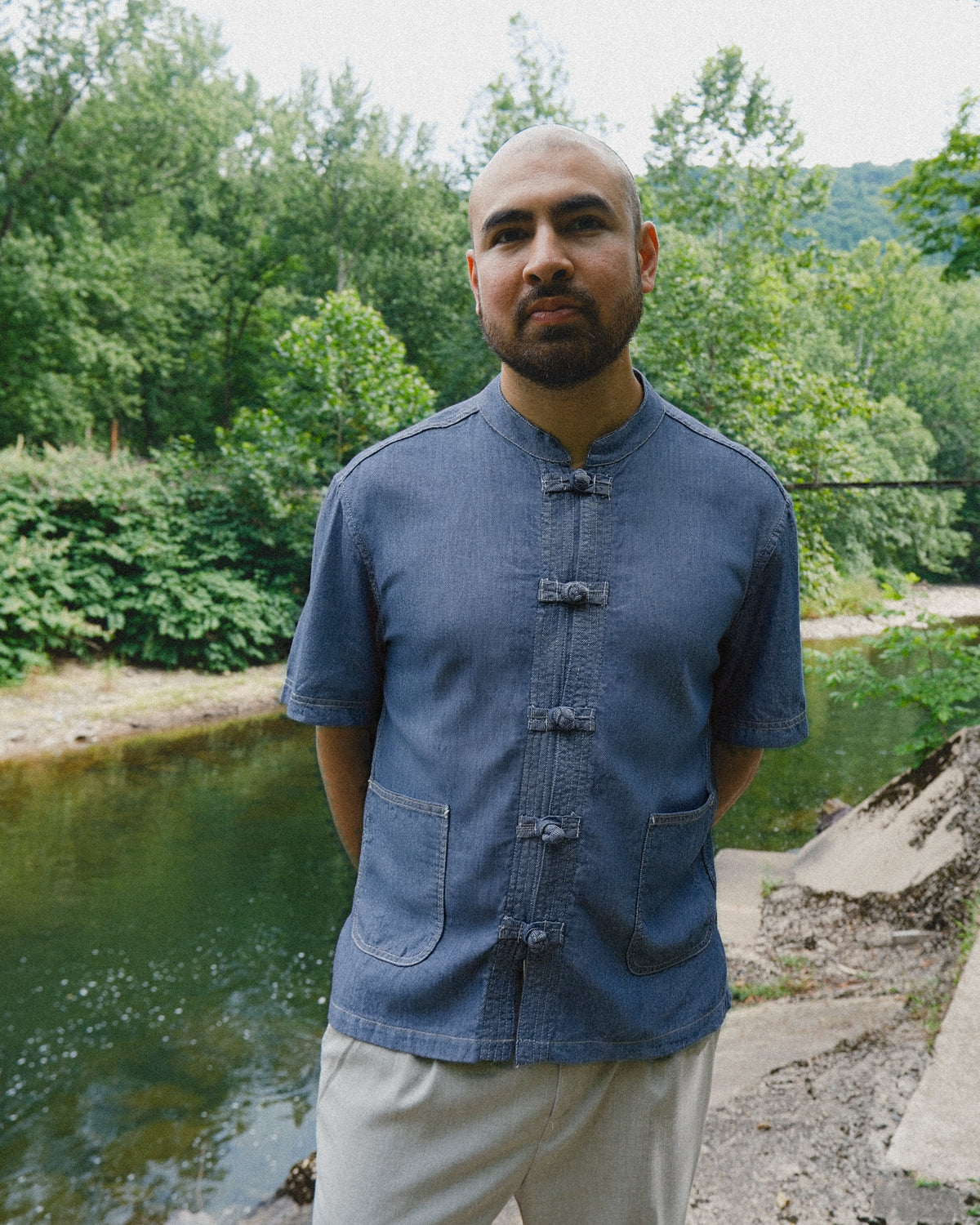 Navy Denim Tang Shirt with Knot Buttons