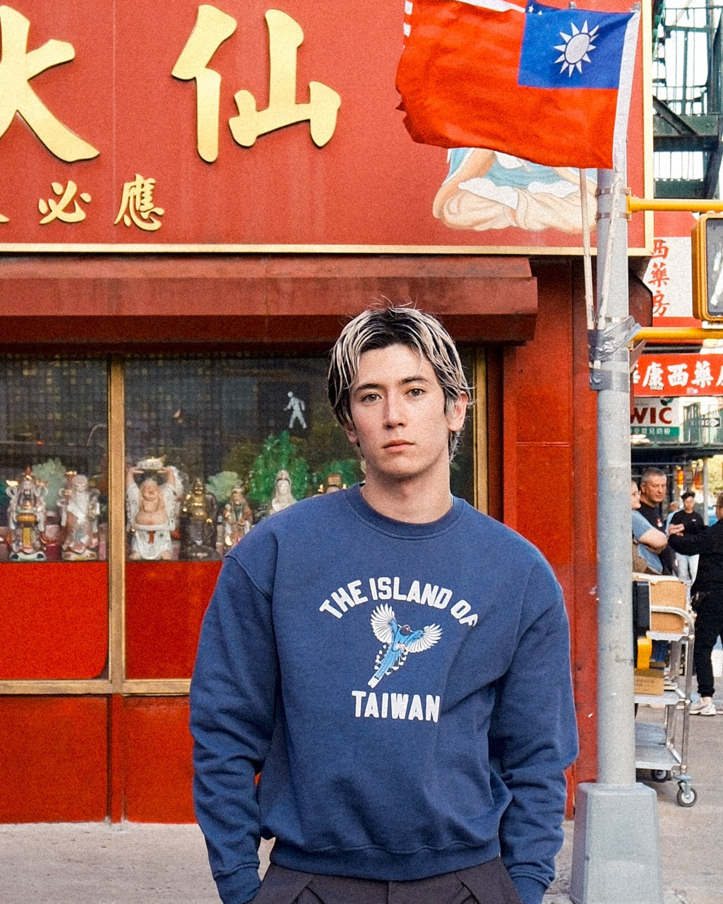 Model wearing Island of Taiwan Sweatshirt in front of Taiwan flag