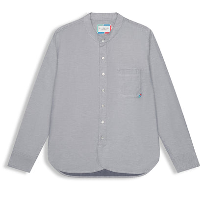 Grey Japanese cotton twill band collar shirt with chest pocket