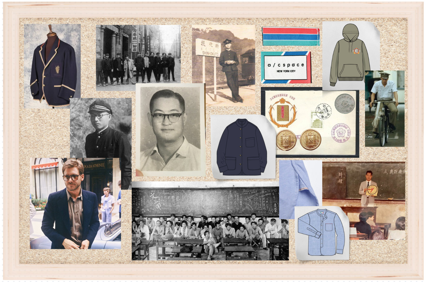 Collage of images featuring people, clothing, and logos on a textured background