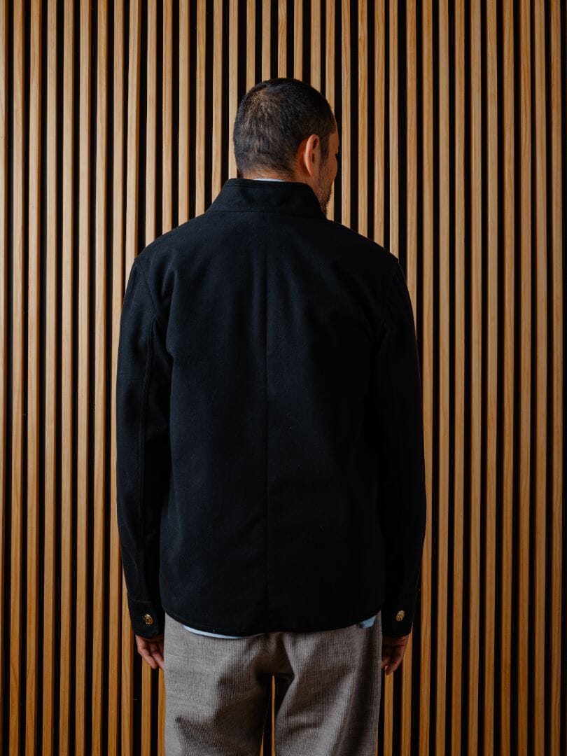 tang jacket with mandarin collar and tailored fit, back view