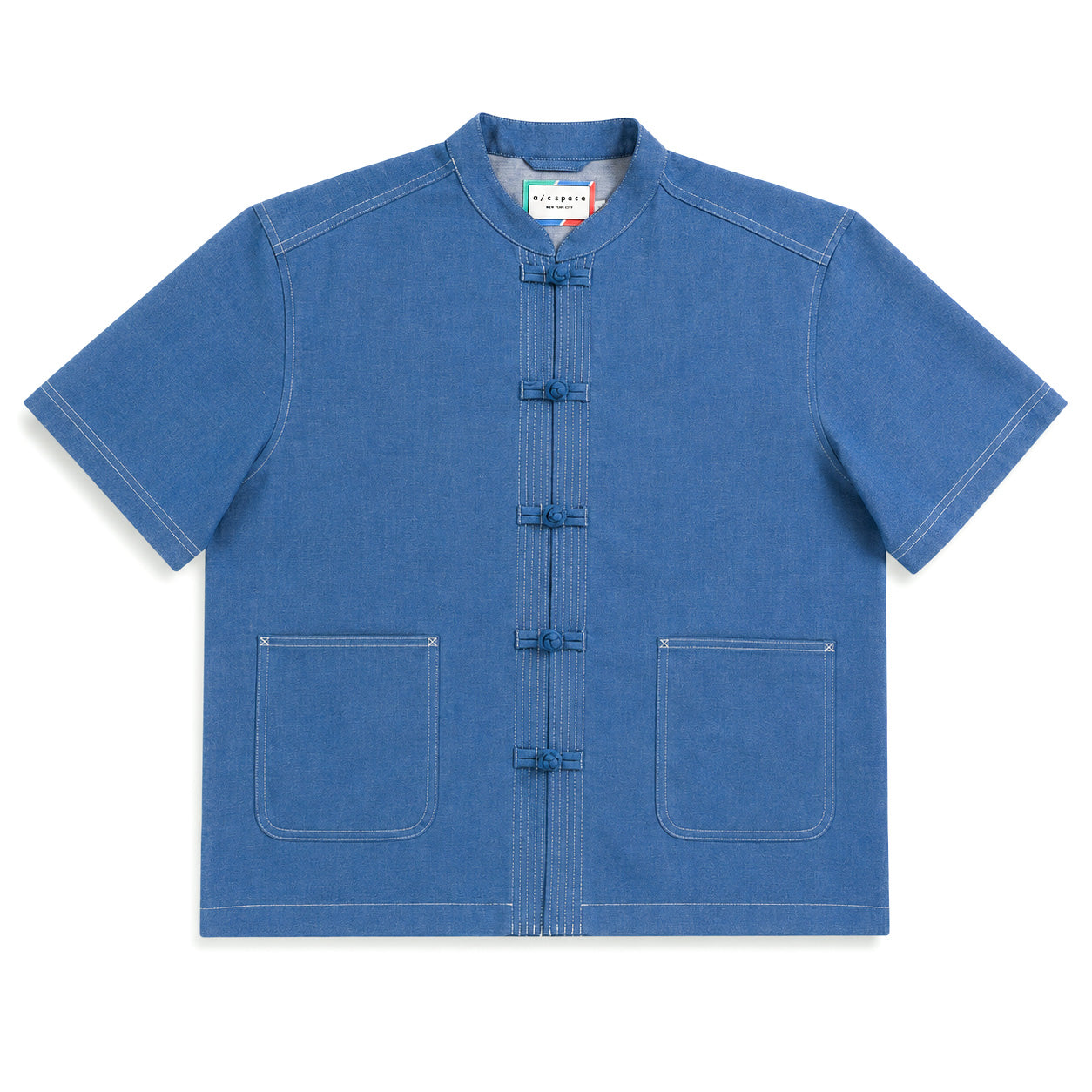 A blue short-sleeve button-up shirt with traditional Chinese frog closures and two front patch pockets, laid flat on a white background.