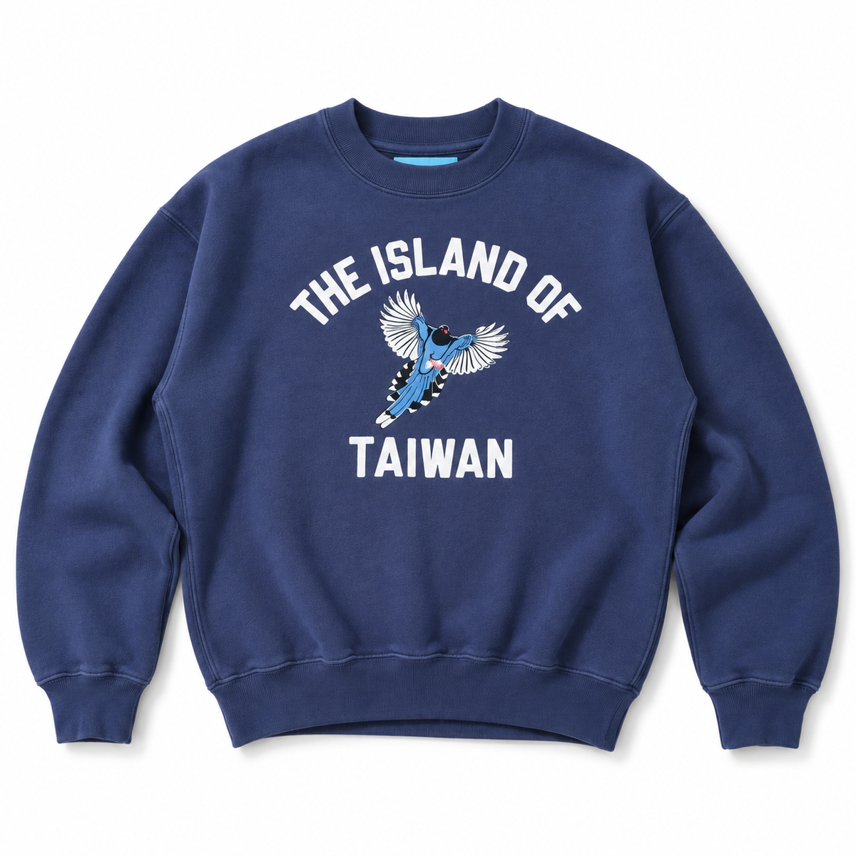Navy blue sweatshirt with Island of Taiwan and Taiwan Blue Magpie graphic on the front.