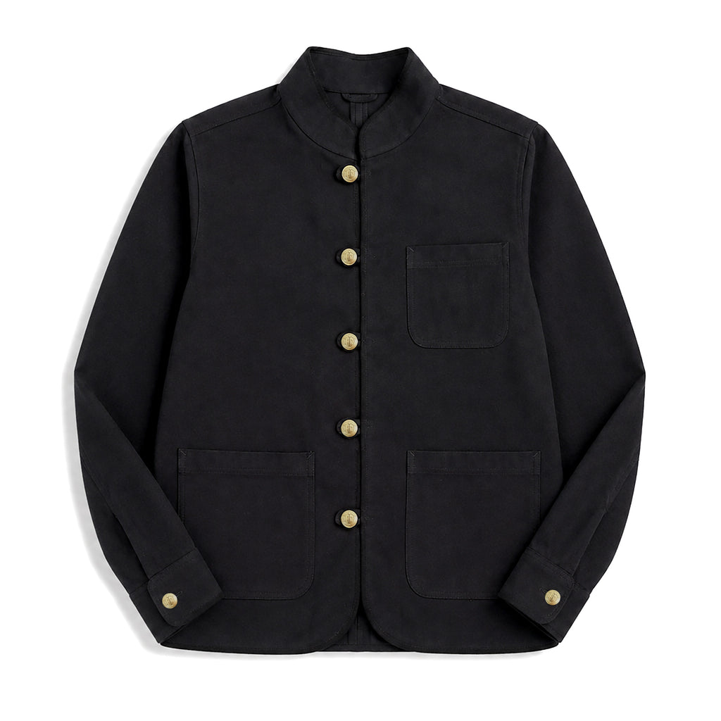 A black jacket with gold buttons, a stand collar, and front pockets, shown flat on a white background.